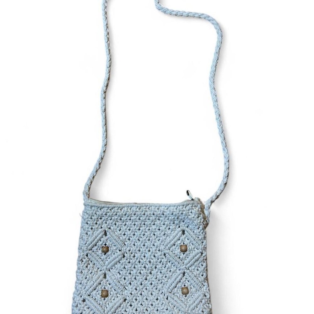 Vintage Croft & Barrow Wooden Beaded Crochet Crossbody Knit Bag Cream Boho Y2K